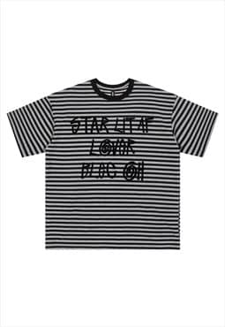 Grey striped t-shirt punk slogan top grunge raver tee