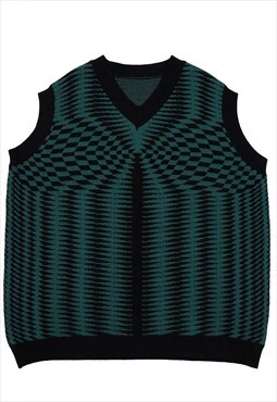 Check print sleeveless sweater chess board pattern top green