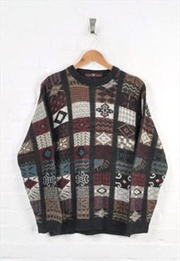 Vintage Knitted Jumper Patterned Grey Small