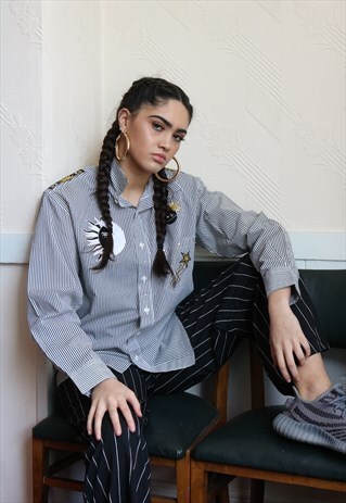 90S EMBROIDERED SUN MOON STARS PINSTRIPE SHIRT