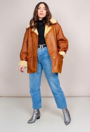 VINTAGE 80S BROWN LEATHER SHEARLING JACKET