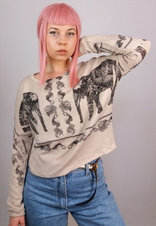 VINTAGE 90'S BOHEMIAN ELEPHANTS PRINT SOFT KNIT TOP / JUMPER