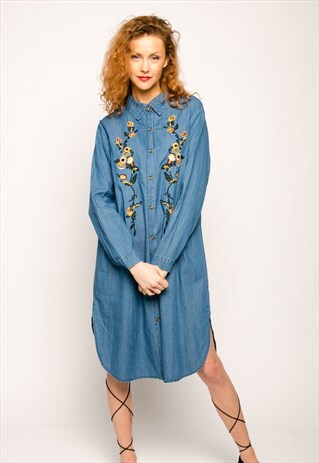 FLORAL EMBROIDERED COTTON DENIM LONG SLEEVES SHIRT DRESS