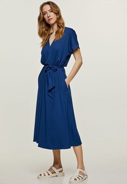 Blue Jersey Belted Midi Dress