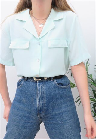 VINTAGE 80S LIGHT BLUE EMBROIDERED COLLARED SHIRT BLOUSE