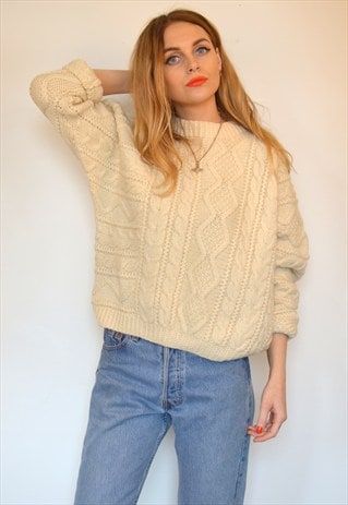 VINTAGE CREAM ARAN CHUNKY CABLE KNITTED JUMPER