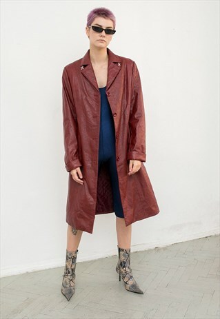 VINTAGE FAUX LEATHER TRENCH COAT RETRO BURGUNDY LONG SLEEVED