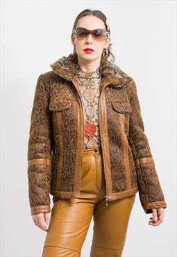 Vintage shearling jacket faux fur leather winter women