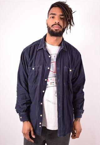 MENS VINTAGE CORDUROY SHIRT LARGE NAVY BLUE 90S