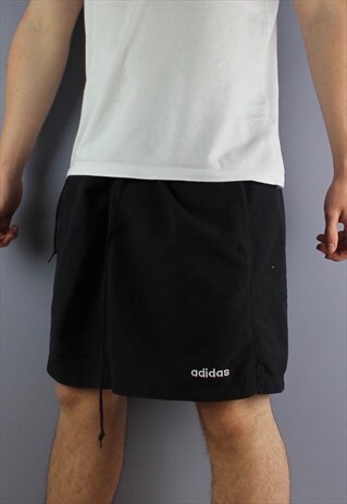 VINTAGE ADIDAS SHORTS IN BLACK-WITH POCKETS, EMBROIDERED LOG