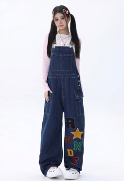 Denim dungarees patch jean overalls retro jumpsuit in blue