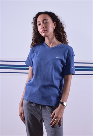 BLUE NIKE RIBBED EMBROIDERED V NECK TEE