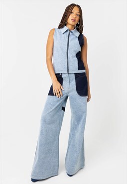 Mid Rise Wide Leg Fit Patchwork Denim Jeans In Blue