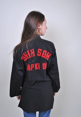 90S BLACK KIMONO, VINTAGE ORIENT SPORT SHIRT, ONE SIZE