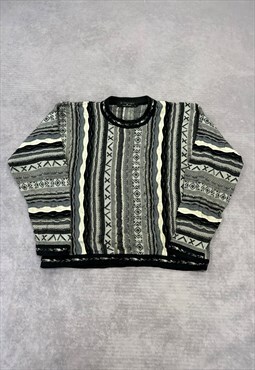 Vintage Knitted Jumper Abstract 3D Patterned Grandad Sweater