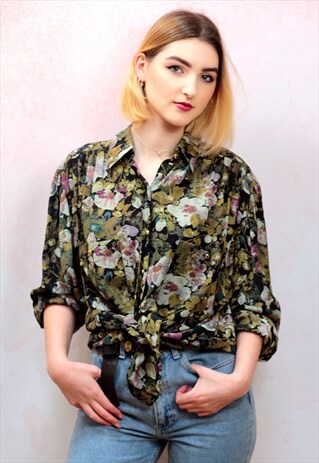 1990S VINTAGE KHAKI COLOUED FAUX CHIFFON FLORAL SHIRT