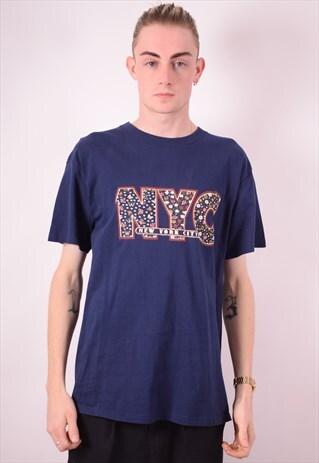 MENS VINTAGE NYC T-SHIRT TOP MEDIUM NAVY BLUE 90S