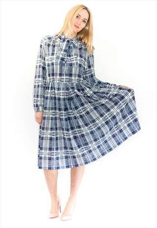 VINTAGE 60'S PUSSYBOW CHECKED PLEATED DRESS