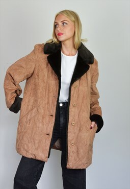 Vintage 90s Tan Brown Quilted Jacket with Faux Fur Collar 