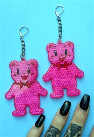 XXL BRIGHT PINK REFLECTIVE BEAR FESTIVAL CHAIN EARRINGS