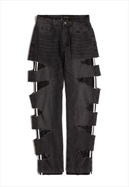 Reworked denim joggers two layer rip track pants jeans black