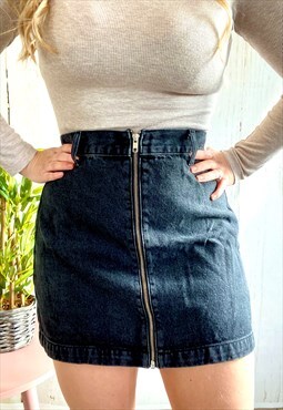 Vintage Black Zip Up Denim Retro 90's Mini Skirt