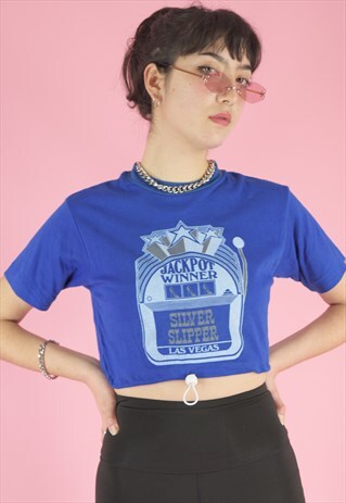 VINTAGE REWORKED CROPPED T-SHIRT IN BLUE WITH GRAPHIC PRINT