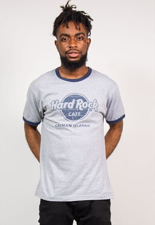 90'S VTG GREY HARD ROCK CAFE CAYMAN ISLANDS RINGER T-SHIRT