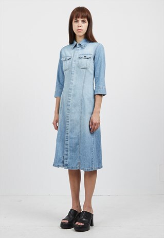 VINTAGE LIGHT BLUE ROCKY 1/4 SLEEVE DENIM MIDI DRESS