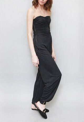 VINTAGE 1980'S BLACK STRAPLESS HAREM JUMPSUIT
