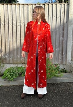 70's Vintage Red Satin Floral Chinoiserie Ladies Coat Jacket