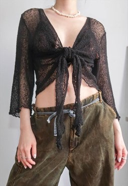 vintage black grunge fairycore sheer tie front crochet top