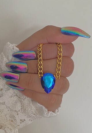 ROYALE. BLUE TEARDROP CRYSTAL CHOKER GOLD CHAIN NECKLACE