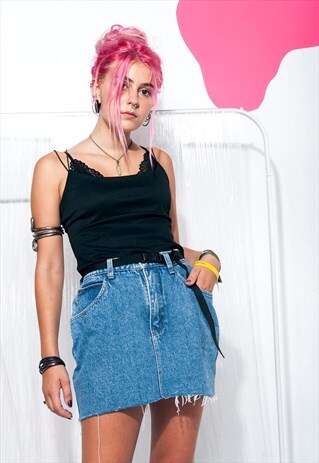 VINTAGE DENIM SKIRT 80S REWORKED CROPPED FRAYED HEM JEANS