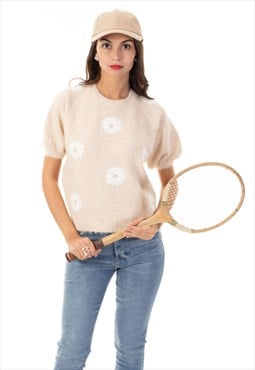 Floral Pattern Embroidered Soft knit Short Sleeves Jumper 