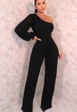 Black Mesh One Shoulder Sleeve Flare Leg Jumpsuit - Daisy