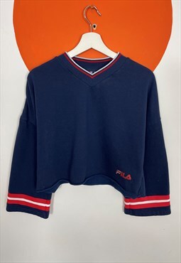 FILA Cropped V-Neck Sweatshirt in Navy Blue Size 10