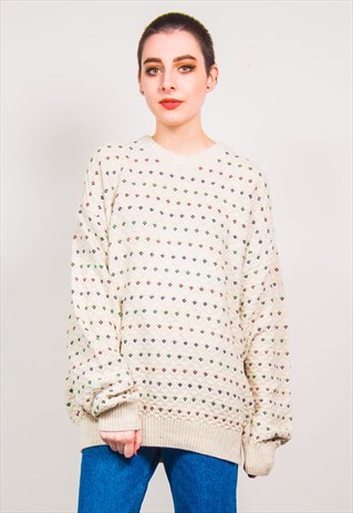 VINTAGE 90'S WHITE POLKA DOT PRINT KNIT OVERSIZED JUMPER