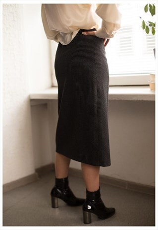 VINTAGE 80'S BLACK STRIPED HIGH WAISTED BUTTONS UP SKIRT