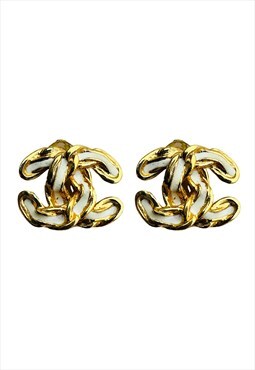 Chanel Earrings CC Gold Logo Monogram Twist Metal Cream 
