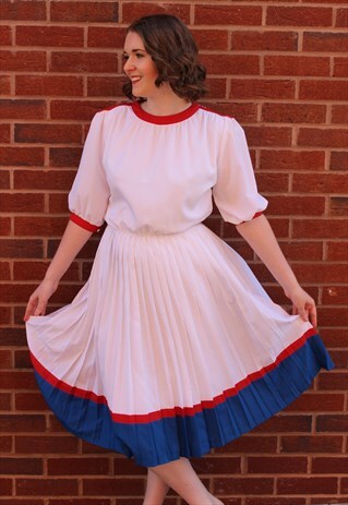 VINTAGE 80S WHITE RED BLUE PLEATED MIDI SUMMER DRESS