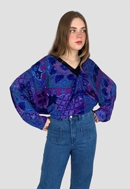 80's Vintage Faux Chainmail Blue Batwing Oversized Top