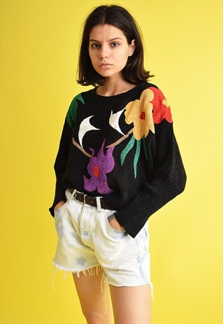 80'S KNITTED FLORAL APPLIQUE OVERSIZED JUMPER TOP