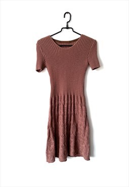 Cute Brown Knit Crochet Midi Short Sleeve Dress XS S