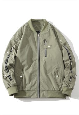 Utility bomber jacket multi zipper grunge thin varsity green