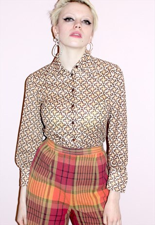 70S VINTAGE BLOUSE RETRO BROWN KITSCH CROSS BEIGE TAN PRINT
