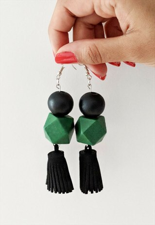 GREEN & BLACK WOOD & TASSEL EARRINGS