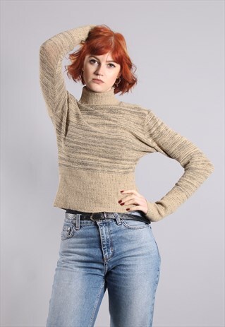 VINTAGE 90S BEIGE TEXTURED CROPPED POLO ROLL NECK JUMPER