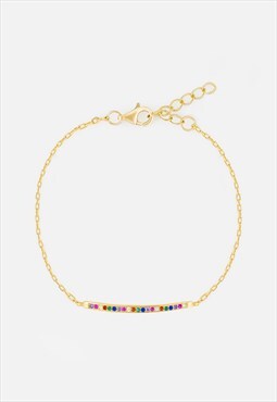 Women's Dainty Bar Bracelet With Rainbow Stones - Gold