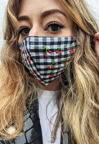 EMBROIDERED CHERRY GINGHAM FACE COVERING